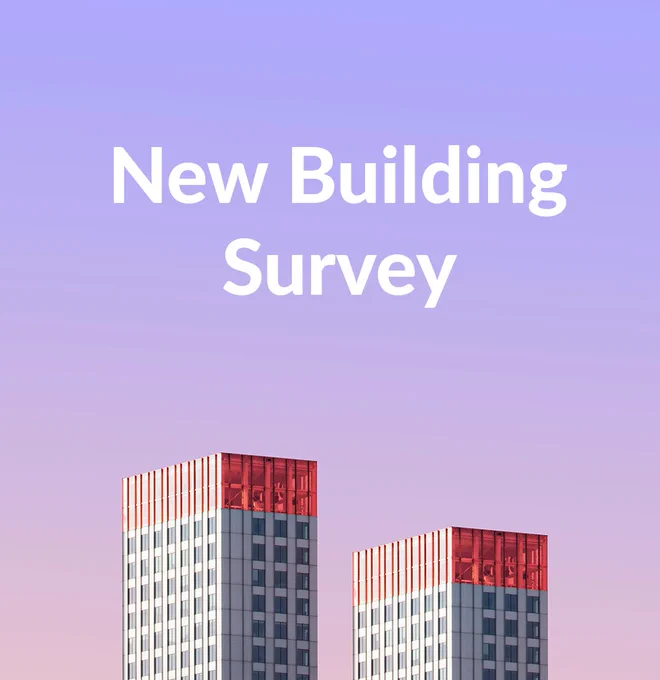New Building Survey title on a purple background with 2 skyscrapers in the background