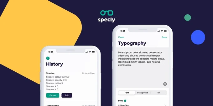 Image of Specly app user interface on two mobile phone screens, highlighting app features
