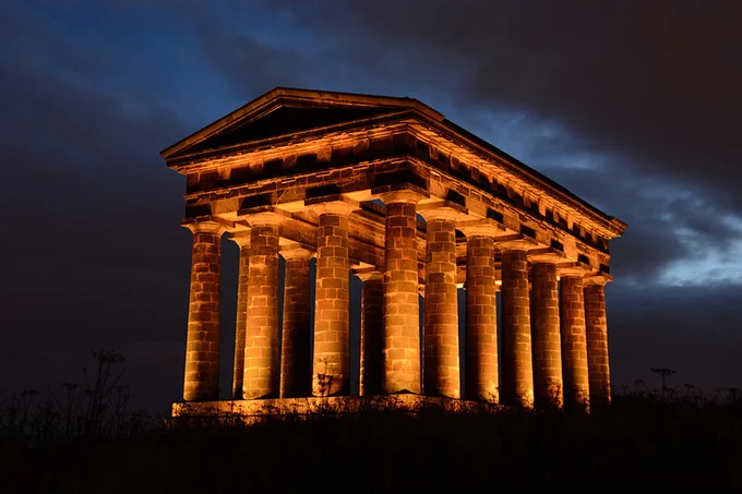 Penshaw Monument in Sunderland lit up at night