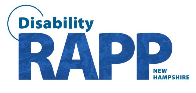 A logo of blue text on white background with a blue semicircle near the top. Text reads “Disability RAPP New Hampshire”.