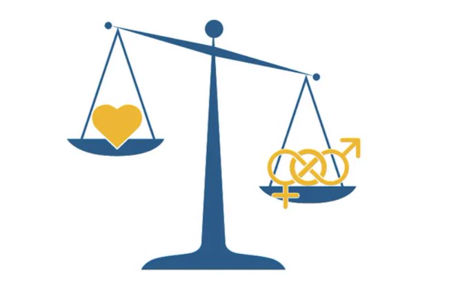 Scales with a heart balanced against gender symbols with an "X" connecting male and female indicating an inclusive non-binary gender.