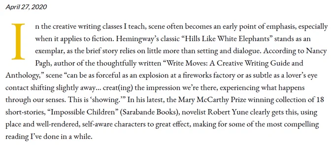 A screenshot of the review's first paragraph: 

In the creative writing classes I teach, scene often becomes an early point of emphasis, especially when it applies to fiction. Hemingway’s classic “Hills Like White Elephants” stands as an exemplar, as the brief story relies on little more than setting and dialogue. According to Nancy Pagh, author of the thoughtfully written “Write Moves: A Creative Writing Guide and A