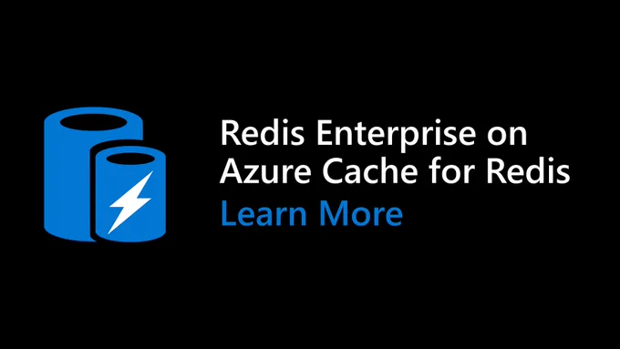 Black background with two blue batteries with white text to the right that reads Redis Enterprise on Azure Cache for Redis - Learn More