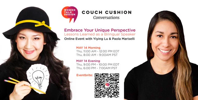 Graphic for upcoming Couch Convo event. Photos of speakers Yiying Lu and Paola Mariselli and date and times.