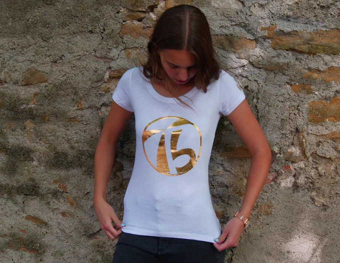 female model wearing a tibush club no.1 tshirt