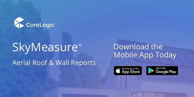 Text overlay on a picture of a home: Download the SkyMeasure Mobile App today