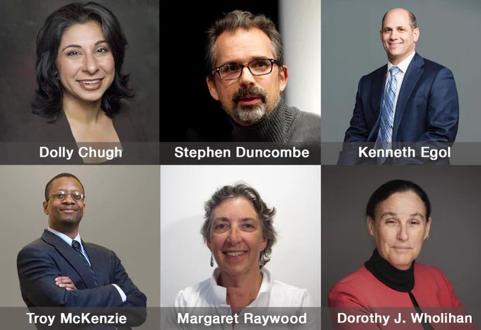collage of headshots of faculty. top row, from left: Dolly Chugh, Stephen Duncombe, Kenneth Egol. bottom row, from left: Troy McKenzie, Margaret Raywood, Dorothy J. Wholihan