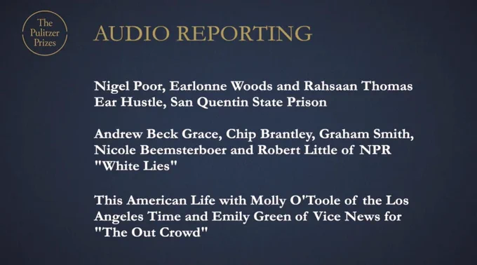 A screenshot of the finalists for the Pulitzer Prize for Audio Reporting