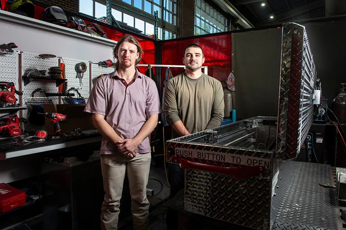 Ryden Smith, left, an MSU mechanical engineering graduate student from Tuscaloosa, Alabama, and Wesley Cameron, a senior mechanical engineering major from Richton, turned a truck toolbox into a UV sterilization device for the university’s Longest Student Health Center. 