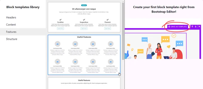 Create your first block template right from Bootstrap Editor