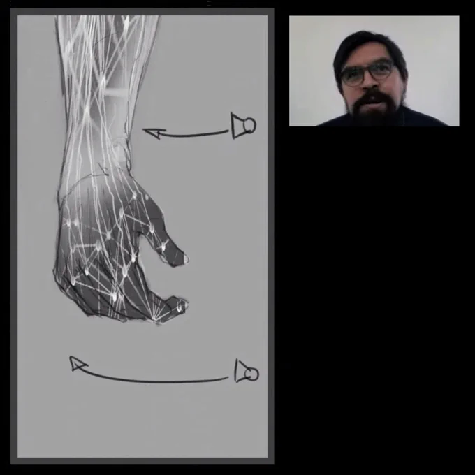 Screenshot of Tupac Martir speaking to CSM students placed beside an image of a hand from an animatic made by his studio