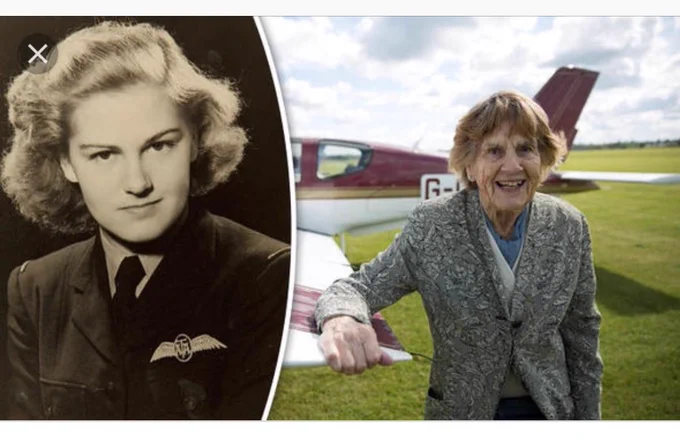 Joy in WW2 uniform in the 1940s next to a recent picture of her by an aircraft