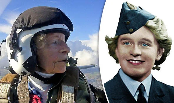 Mary in Ww2 uniform in 1944 and a recent pic of her back in a Spitfire cockpit