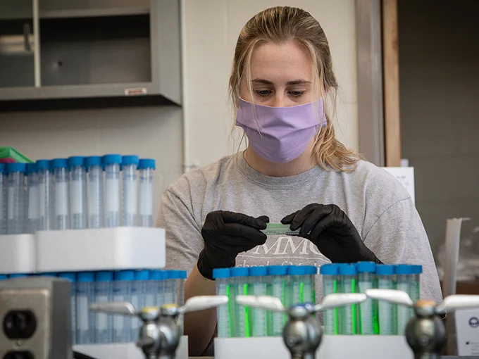 Erin McDevitt, an M1 enrolled in the Disaster Management Course for students, assembles a COVID-19 test kit May 1 at the Medical Center.