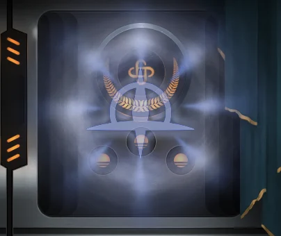 a holographic image of the Elepharchy's symbol, in front of wall that is associated with the Federation Builder archetype: it is adorned with the interlocked loops representing unity, surrounded by a wreath