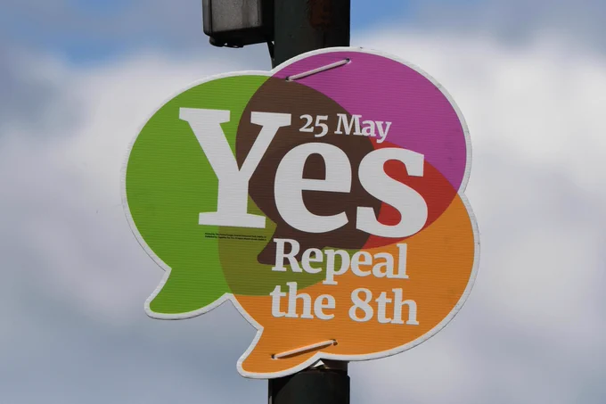 A yes speech bubble poster with 25 may and repeal the 8th on it.