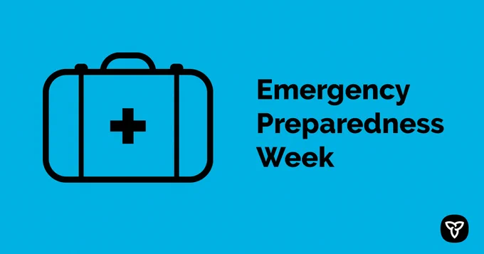 Illustration of a safety kit. Texts reads: Emergency Preparedness Week.
