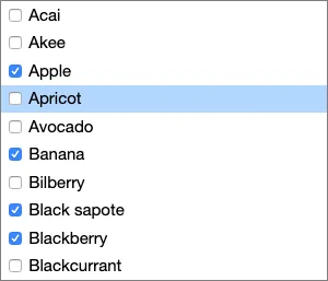 A multi-select list with several items selected and a different item active