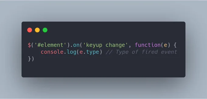 $('#element').on('keyup change', function(e) {
	console.log(e.type) // Type of fired event
})
