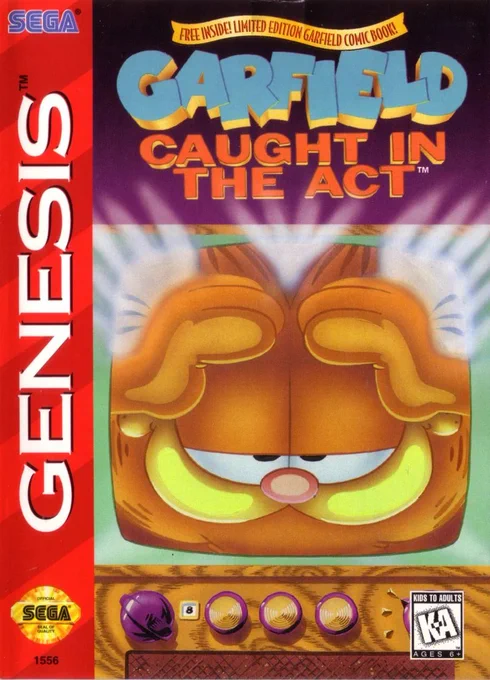 The game box art for Garfield Caught in the Act. It was a game where you play as Garfield the cat on Sega genesis.