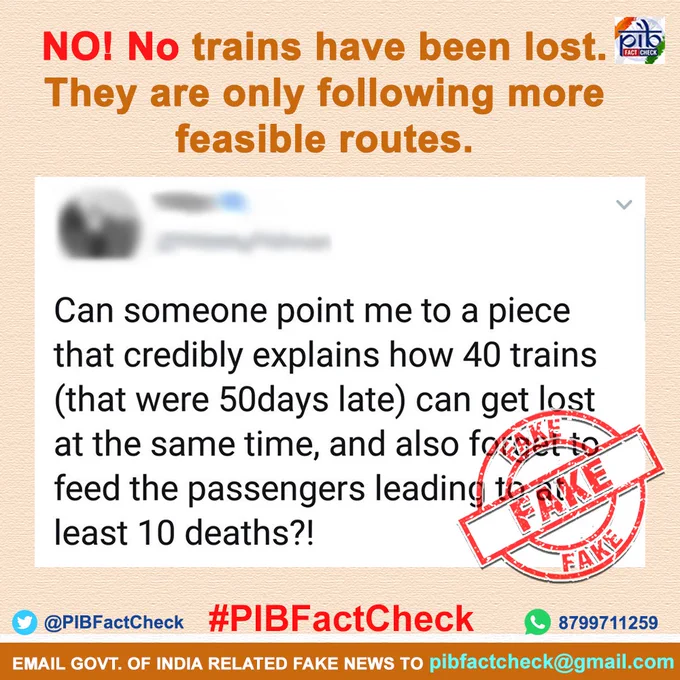 A stamp with the word FAKE on a snip of a tweet which claims that 40 trains have been lost.