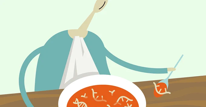 Illustration of a person eating soup with RNA and DNA molecules in it