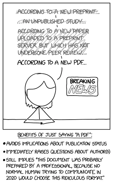 PREPRINT
Benefits of Just Saying "A PDF":
* Avoids implications about publication status
* Immediately raises questions about author(s)
* Still implies "this document was probably prepared by a professional, because no normal human trying to communicate in 2020 would choose this ridiculous format."