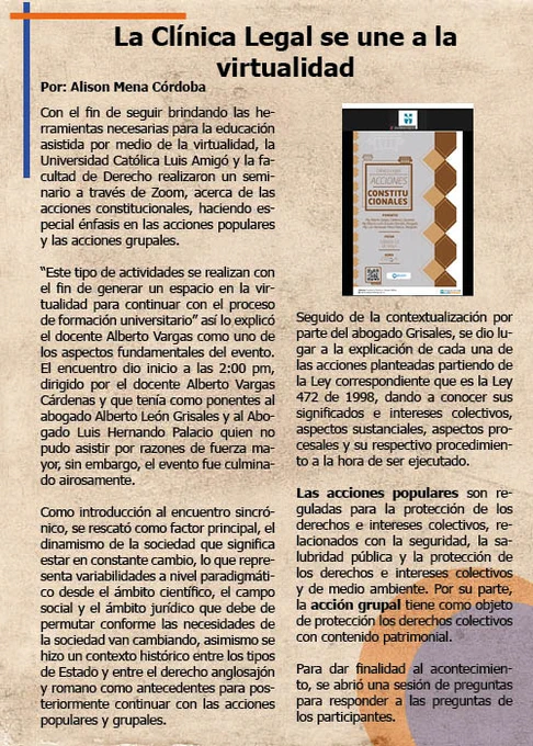 Nota sobre el seminario realizado a través de zoom, a cargo del docente Alberto Vargas Cardenas y el abogado Alberto León Grisales. 