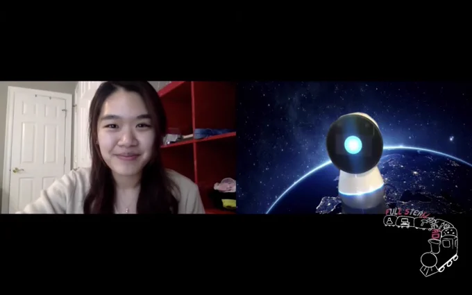 Virtual conferencing image with two participants: a young woman and a Jibo robot