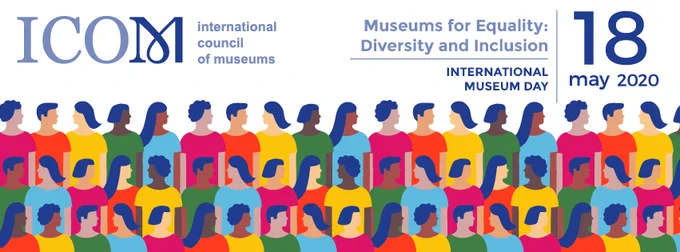 Poster for International Museum Day with cartoon figures in a variety of colors and shapes