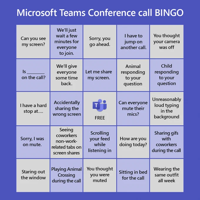 Teams bingo card