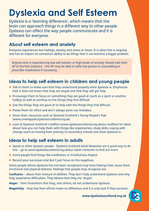 Jpeg file of our leaflet on dyslexia and self esteem