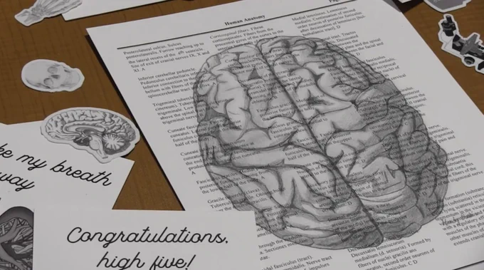 A brain is drawn in charcoal on a textbook page, resting on a brown table.