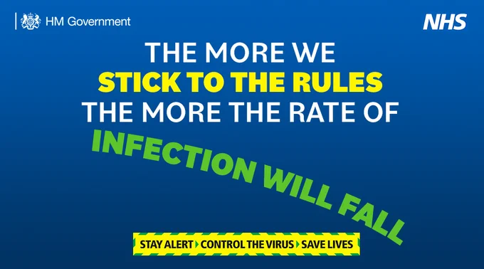 The more we stick to the rules the more the rate of infection will fall. Stay alert. Control the virus. Save lives.