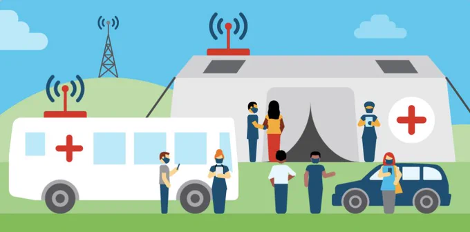 Illustration of various medical pop-ups including a medi-bus and tent. They are all using networking