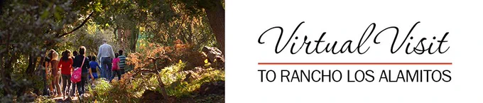 Image of children on a tour in the Rancho gardens and the heading "Virtual Visit to Rancho Los Alamitos."