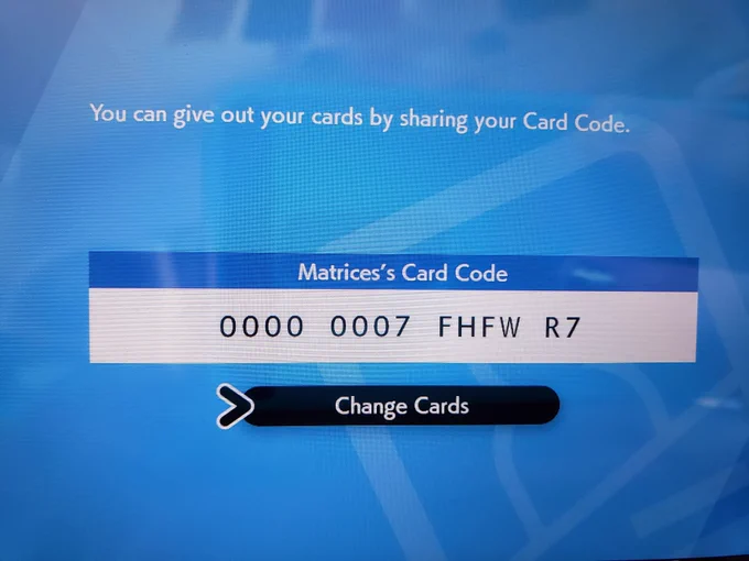 It is a screenshot of the game with a card code you can type in. It downloads my trading card. Relevent text shows: 000 0007 FHFW R7