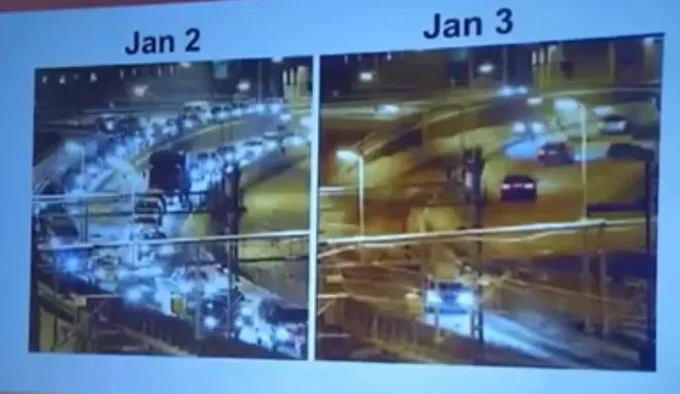 Tailbacks on a Stockholm bridge on Jan 2. Free flowing traffic on the same bridge in Jan 3.
