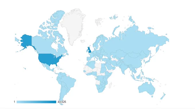World map showing most of it shaded blue.