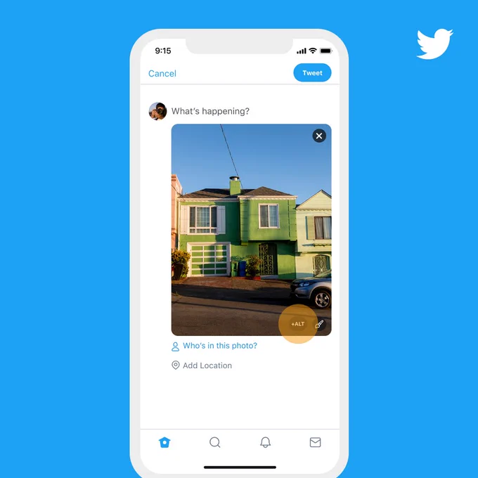 A screenshot of the Tweet composer with an attached image of a green house with a blue sky. The image has a button that is highlighted with a " ALT" label, to indicate to people the change Twitter has made to the image description flow.