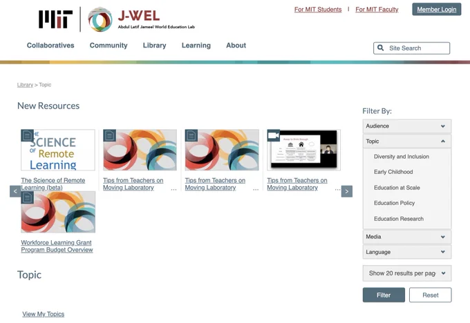 View of the J-WEL Library page, with links to "New Resources" at top. Filters by topic are at right.