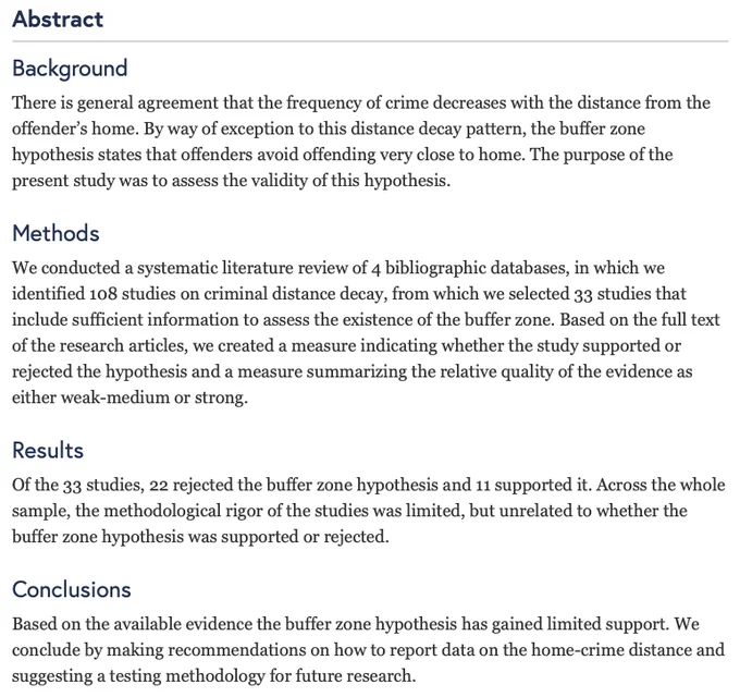 Abstract of the paper 'Do offenders avoid offending near home? A systematic review of the buffer zone hypothesis’ – full text available at https://doi.org/10.1186/s40163-020-00118-5