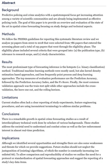 Abstract of the article 'A systematic review on spatial crime forecasting’ – full text available at https://doi.org/10.1186/s40163-020-00116-7