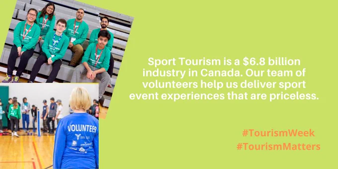 Two pictures of groups of community volunteers for Durham Region 2019 Ontario Parasport Games. Sport Tourism is a $6.8 billion industry in Canada and volunteers help us deliver event experiences that are priceless. #TourismWeek #TourismMatters