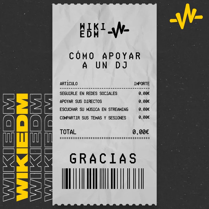 Simulación de ticket de un comercio sobre cómo apoyar a un DJ de manera gratuita, que incluye: seguirle en redes sociales, apoyar sus directos, escuchar su música en streaming y compartir su música. Todo esto por un valor total de 0€.