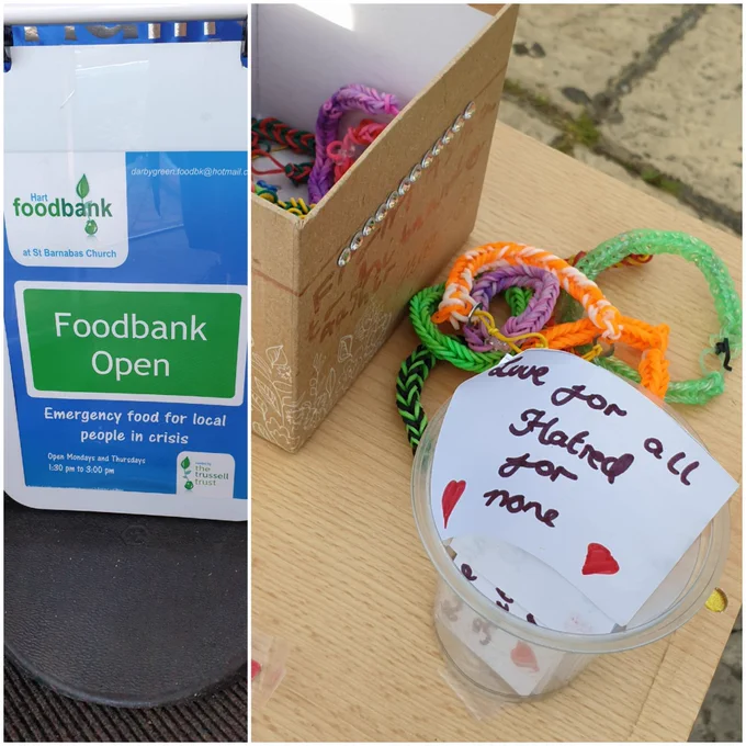 "Love For All Hatred For None" tokens for people to take home as gratitude gifts. Loom bands to sell for our local food bank.