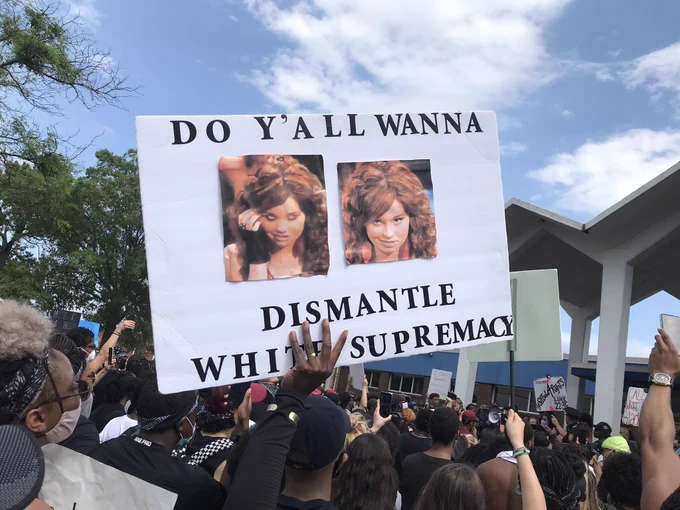 a sign at a protest that reads 'do y'all wanna dismantle white supremacy' with the debbie ryan meme