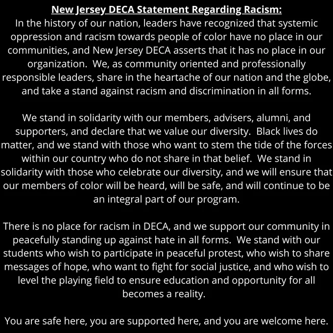 NJ DECA Statement Regarding Racism and our Communities