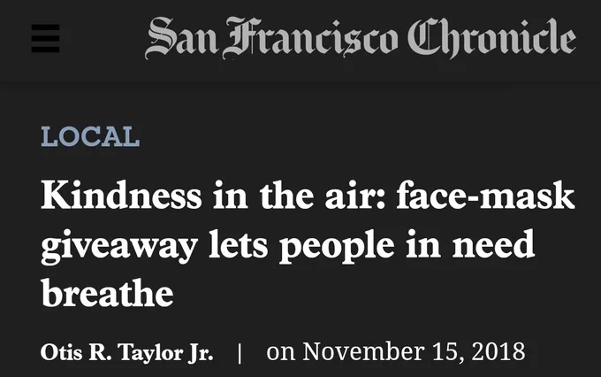 Screenshot of 2018 sf chronicle header "kindness in the air: face-madk giveaway let's people in need breathe" November 15, 2018