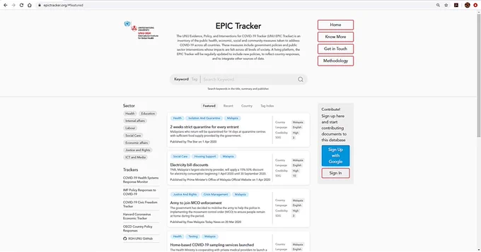 Screen capture of the EPIC Tracker.org homepage. 